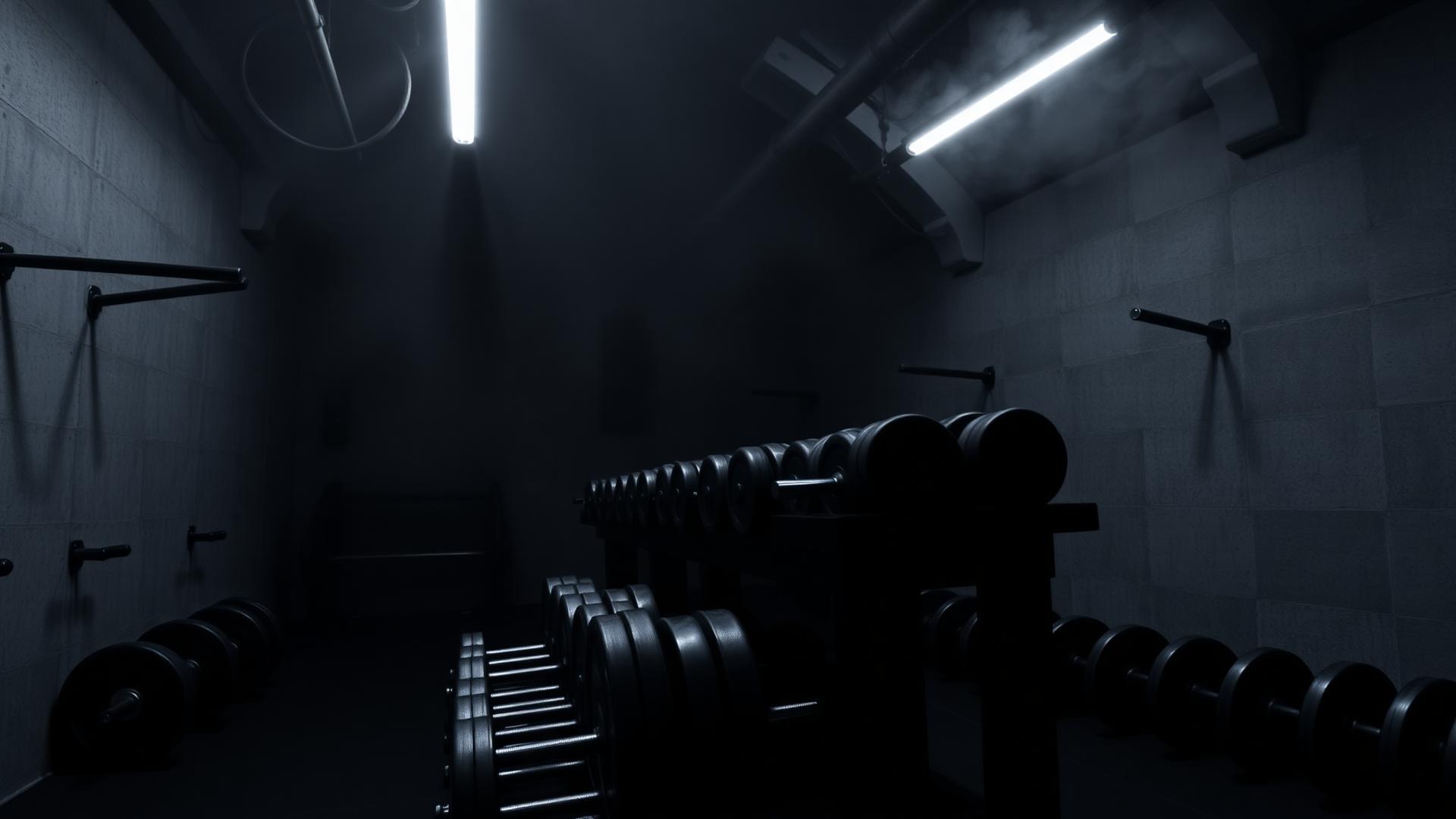 Mörkt gym med hantlar och skivstänger